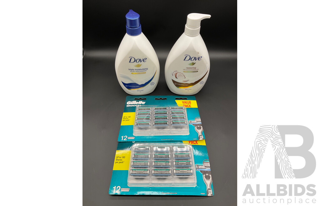 Assorted Cosmetics, Including GILLETTE MACH3+ Razor Blade Refills Value Pack and DOVE Body Wash - Lot of 4