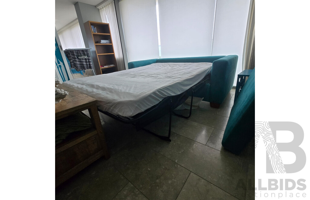 Contents of Middle Room Including Sofa Bed, Coffee Table/TV Stand, Lounge Chairs with 2 X Teal Side Tables, Teal Screen, Cushions and Throw Rug