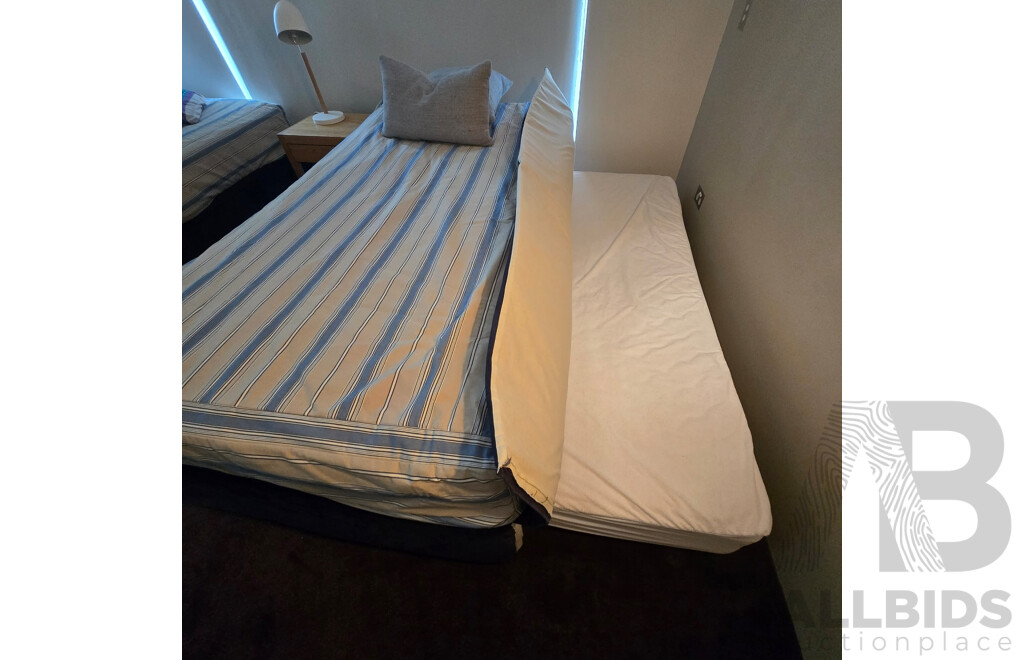 2 X King Single Beds, 1 Has a Single Trundle Bed Undeneath, Bedside Table and Lamp - Plus All Linen Including Extra Set for Each as per Photos