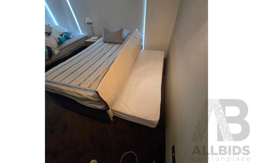 2 X King Single Beds, 1 Has a Single Trundle Bed Undeneath, Bedside Table and Lamp - Plus All Linen Including Extra Set for Each as per Photos
