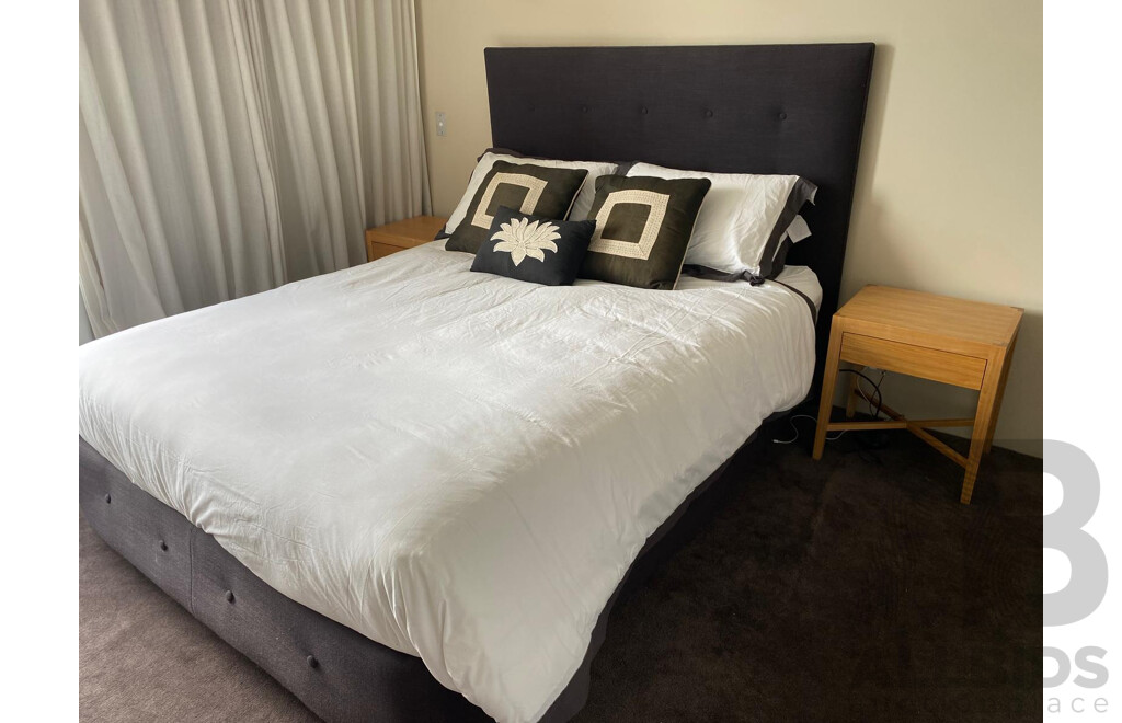 Queensize Bed, Charcoal Fabric Base and Headboard and All Linen and Bedside Tables..