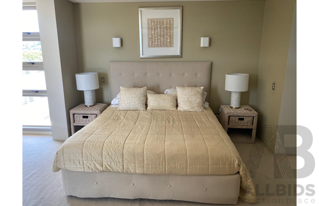 Master Bedroom Package - King Size Bed, Beige Fabric Base and Backboard and Cane Bedside Tables and Lamps with Shell Artwork and Silk Bedspread