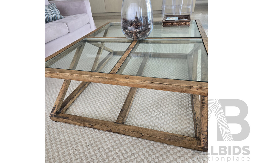 Entire Lounge Room Setting Including 2 X Three Seater Beige Microfibre Lounges, All Cushions, Rib Weave Natural Wool Rug and Designer Cross Base Glass Coffee Table