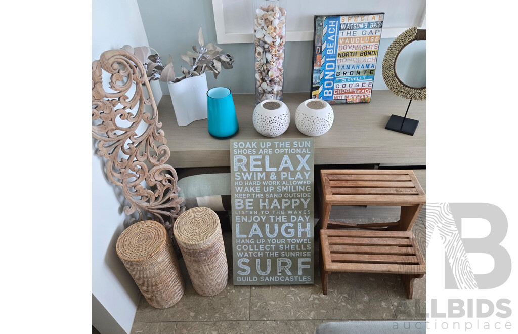 Miscellaneous Decor Incl. Turquoise Villeroy and Boch Vase, Teak Steps and Cane Toilet Roll Holders Etc