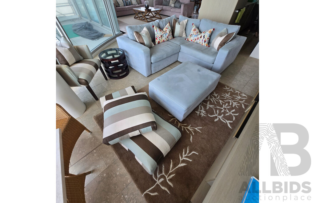 Entire Living Room Setting Including Seafoam Microfibre Corner Lounge with Ottoman, Occasional Chair,  Accent Table, Floor Rug and Cushions