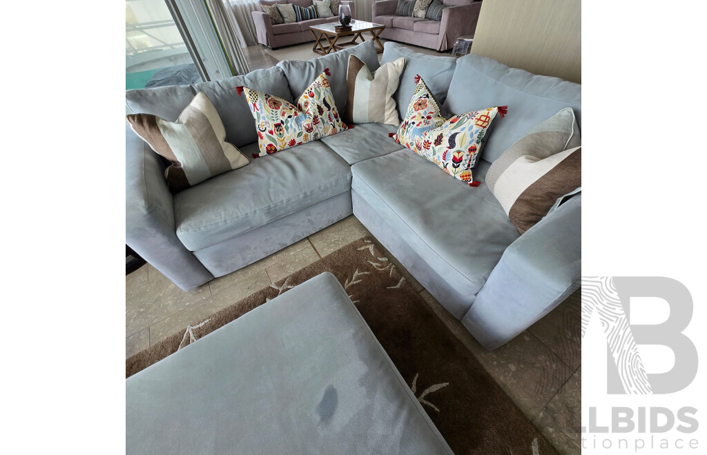 Entire Living Room Setting Including Seafoam Microfibre Corner Lounge with Ottoman, Occasional Chair,  Accent Table, Floor Rug and Cushions