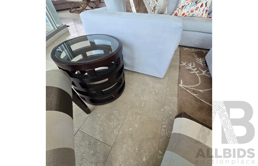 Entire Living Room Setting Including Seafoam Microfibre Corner Lounge with Ottoman, Occasional Chair,  Accent Table, Floor Rug and Cushions