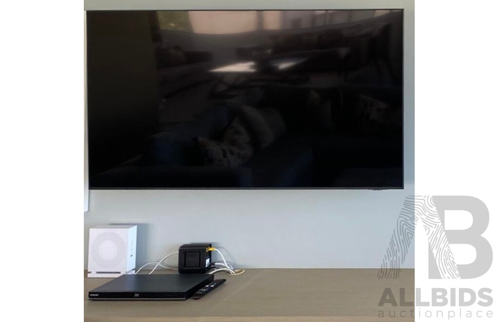 Samsung UA65CU8000W 65-inch Smart TV with Wall Brackets and Unused Stand + Samsung DVD Player, Assorted DVDs, and Telstra Gateway Connection Kit