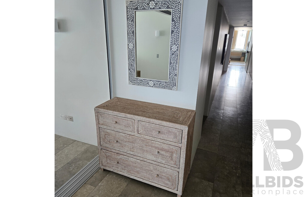 Cane Furniture Including 2 X Console Tables, 4 Drawer Chest, Entrance Way Mirror, 2 X Ghost Chairs, 2 X Ghost Stools and Tray of Large Shells