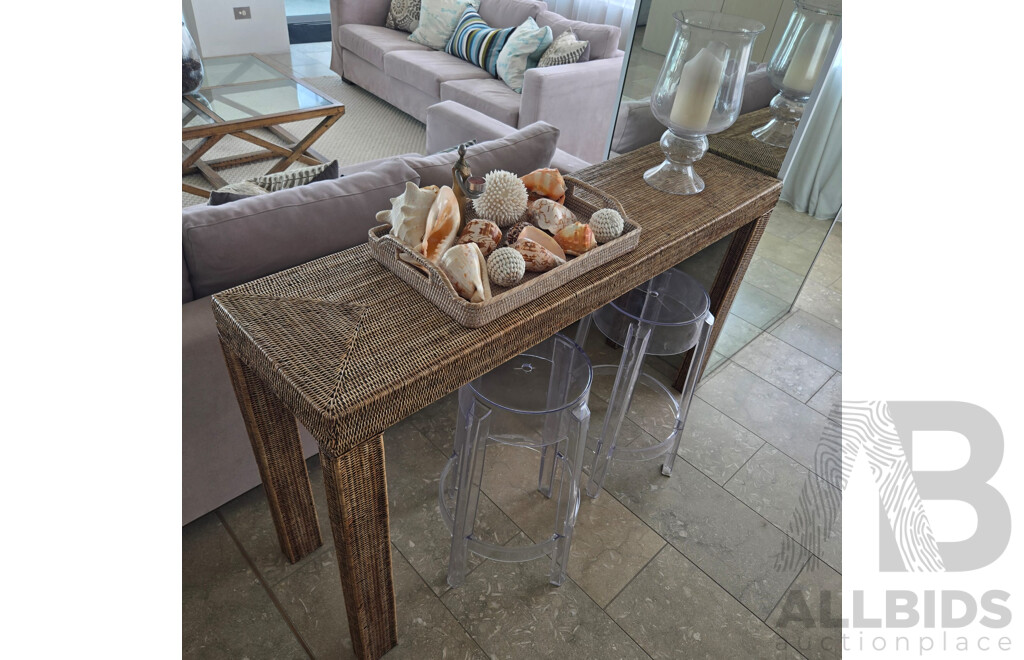 Cane Furniture Including 2 X Console Tables, 4 Drawer Chest, Entrance Way Mirror, 2 X Ghost Chairs, 2 X Ghost Stools and Tray of Large Shells