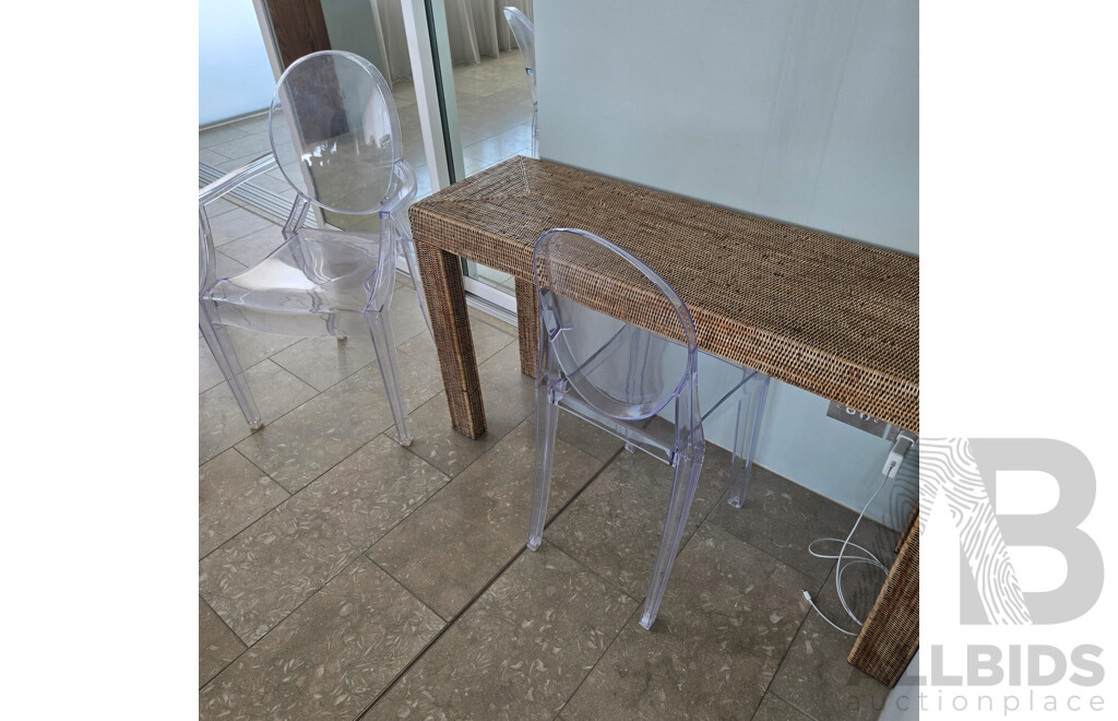 Cane Furniture Including 2 X Console Tables, 4 Drawer Chest, Entrance Way Mirror, 2 X Ghost Chairs, 2 X Ghost Stools and Tray of Large Shells