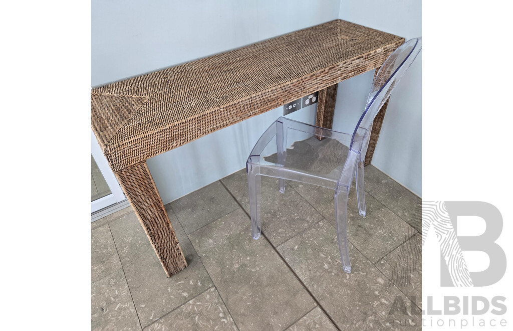 Cane Furniture Including 2 X Console Tables, 4 Drawer Chest, Entrance Way Mirror, 2 X Ghost Chairs, 2 X Ghost Stools and Tray of Large Shells