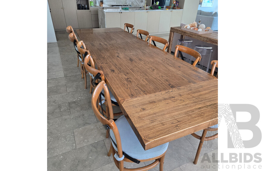 Stunning Eleven Piece Solid Modern Mahogany Dining Table with Metal and Timber Cross Frame Chairs with Seafoam Coloured Cushions
