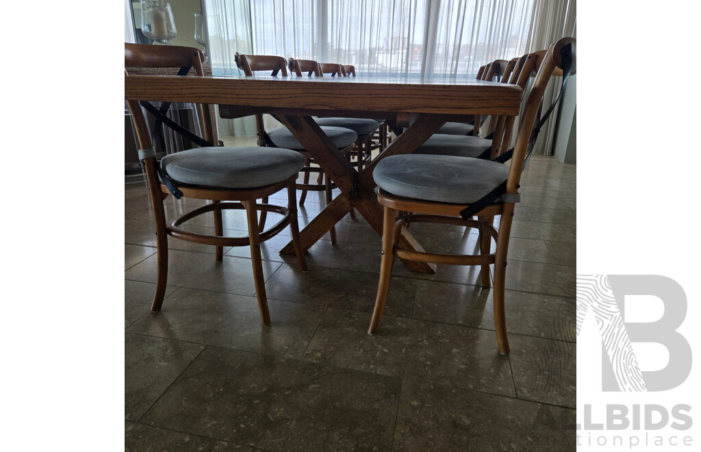 Stunning Eleven Piece Solid Modern Mahogany Dining Table with Metal and Timber Cross Frame Chairs with Seafoam Coloured Cushions