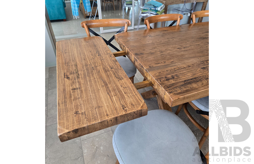 Stunning Eleven Piece Solid Modern Mahogany Dining Table with Metal and Timber Cross Frame Chairs with Seafoam Coloured Cushions
