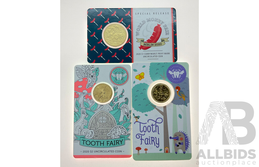 Three Australian RAM Commemorative Coins Including 2020 One Dollar World Money Fair Currywurst Privy Mark, Two Dollars 2020 and 2023 Tooth Fairy