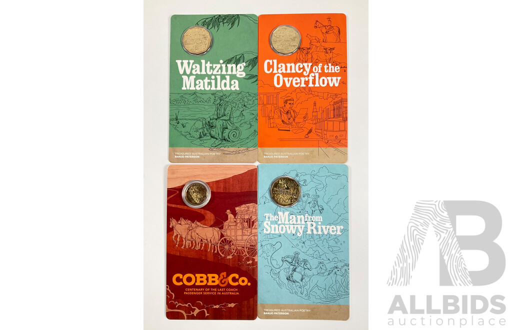 Three Australian RAM 2020 Fifty Cents, Treasured Australian Poetry Banjo Paterson Man From Snowy River, Clancy of the Overflow, Waltzing Matilda, 2024 One Dollar, Cobb & Co, Centenary of the Last Coach Passenger Service in Australia