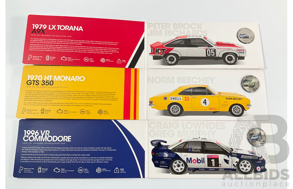 Three Australian RAM 2018 High Octane Commemorative Coloured Fifty Cent Coins