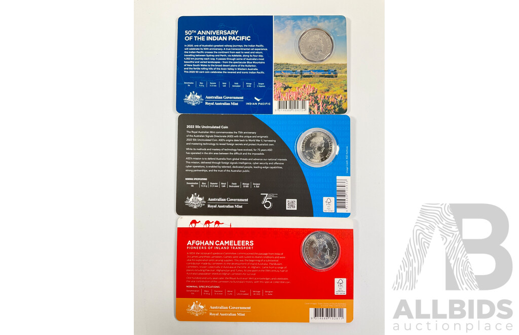 Three Australian RAM Commemorative Fifty Cent Coins Including 2020 Indian Pacific, 2020 Afghan Cameleers, 2022 Reveal and Protect