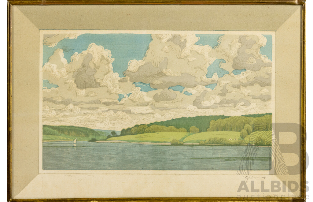 Yu.V.Kuzmin (20th Century, Soviet, Working c1970s), Oka River (1979), Wonderful Original Colour Linocut, 24 x 35 cm (frame)