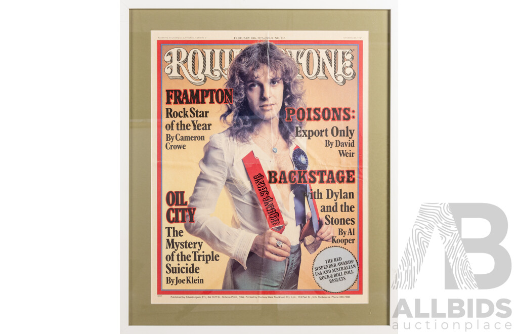 Absolutely Wonderful Vintage Rolling Stone, February 10th, 1977  Cover Featuring Peter Frampton, Australian Edition, 61 x 51 cm (frame)