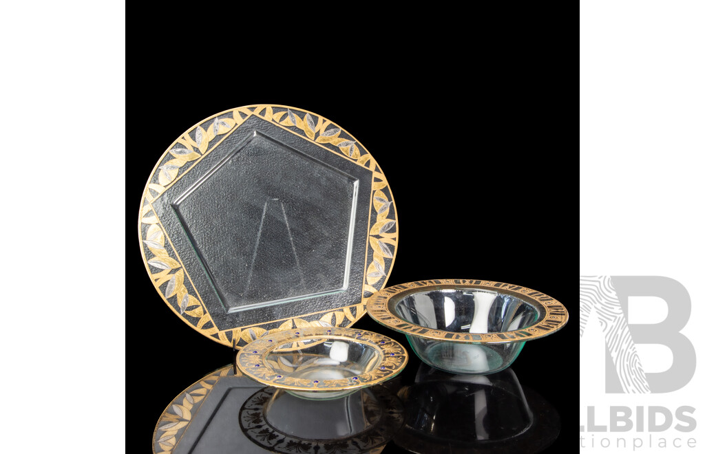 Large Peter Crisp Glass Platter with Deep Dish Bowl and Smaller Example