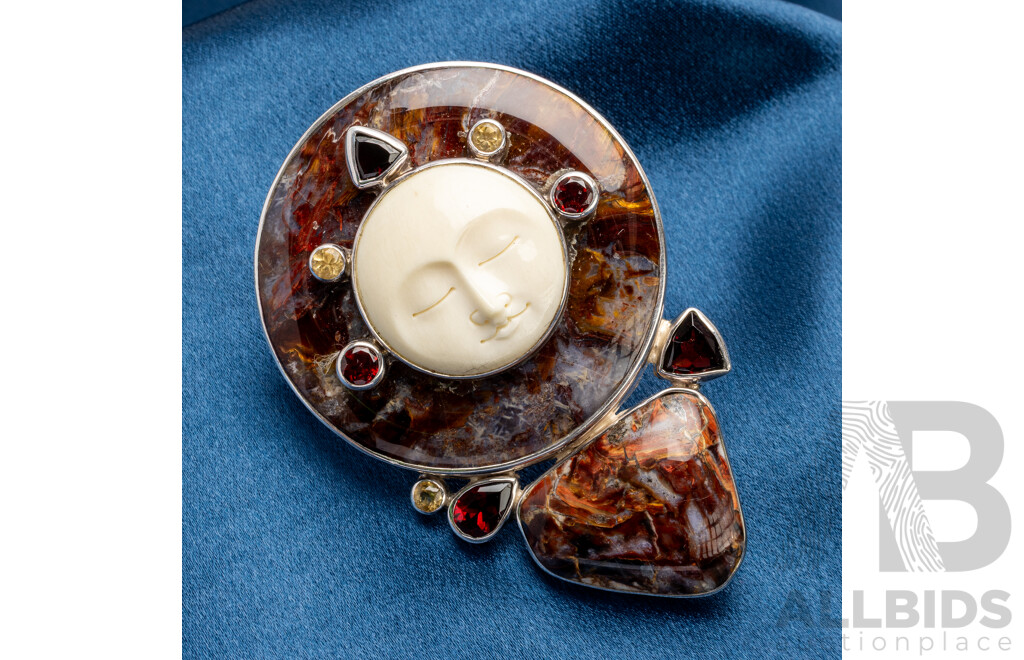 925 Sterling Silver Large Pendant with Bone, Red Tigers Eye, Garnet and Citrine