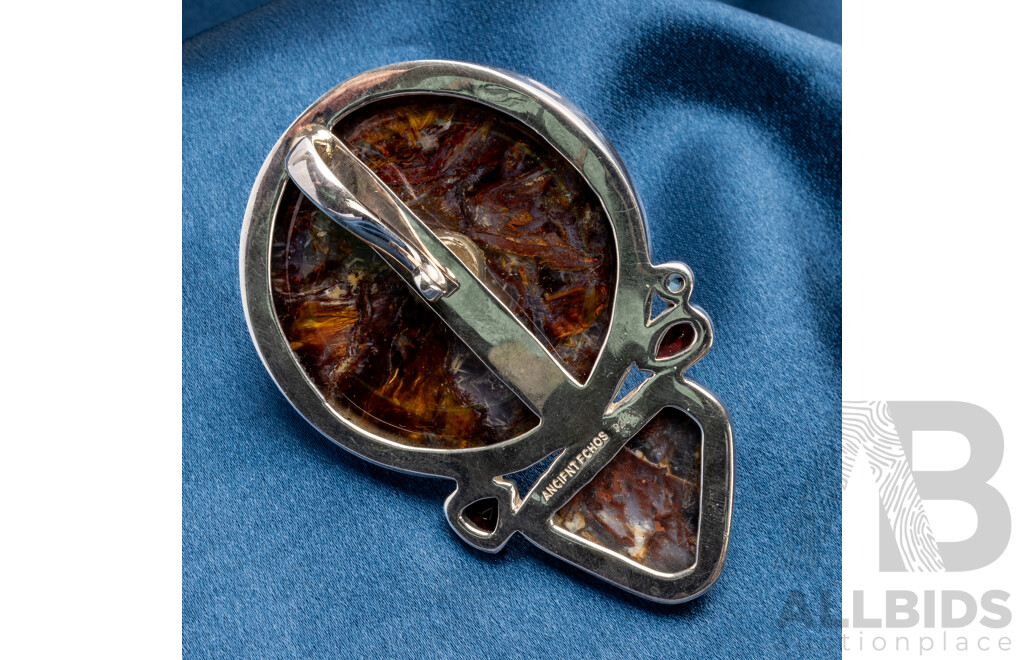 925 Sterling Silver Large Pendant with Bone, Red Tigers Eye, Garnet and Citrine