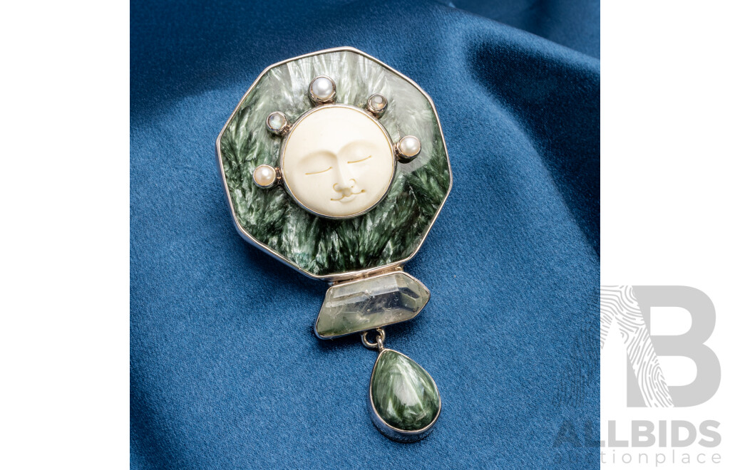 925 Sterling Silver Large Pendant with Seraphinite, Bone, Quartz, Moonstone and Mabe Pearls