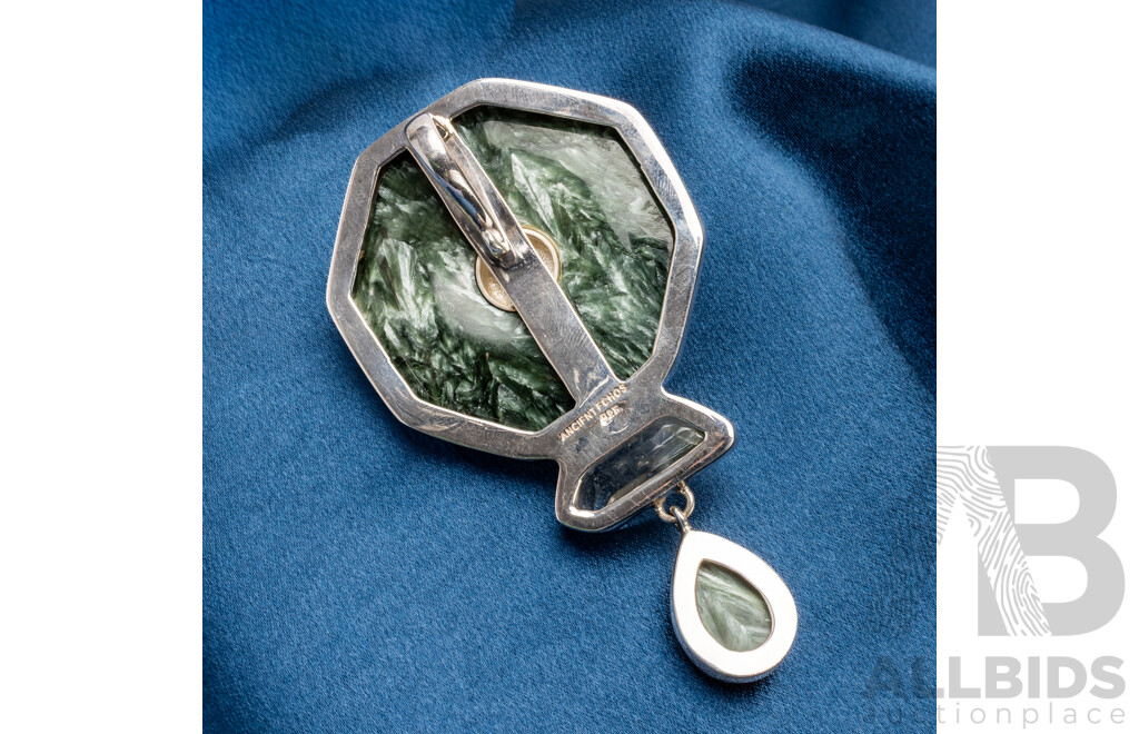 925 Sterling Silver Large Pendant with Seraphinite, Bone, Quartz, Moonstone and Mabe Pearls