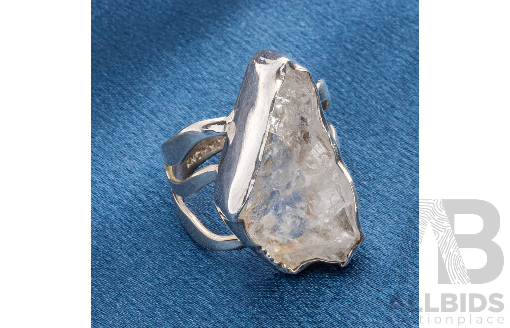 925 Sterling Silver Ring with Icy Uncut Crystal Quartz - Size P