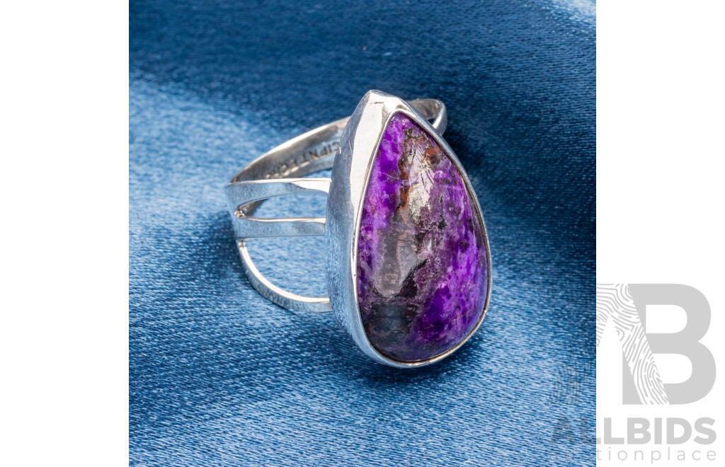 925 Sterling Silver Ring with Pear Charoite - Size R.5