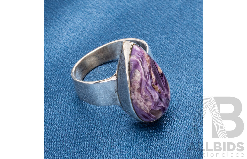 925 Sterling Silver Ring with Pear Charoite - Size R