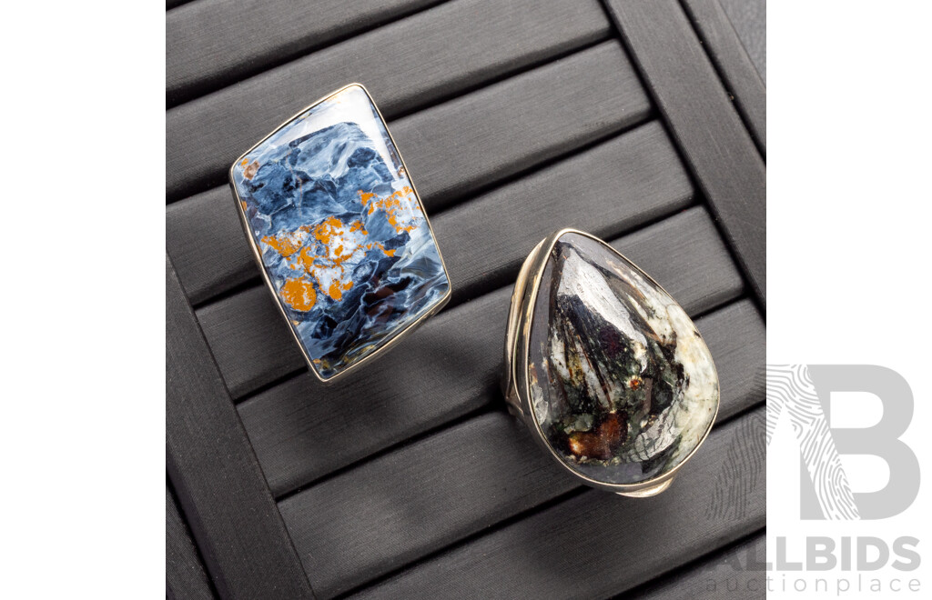 Silver Plated Base Metal Rings, Lapis Lazuli and Schorl Stones - Lot of 2