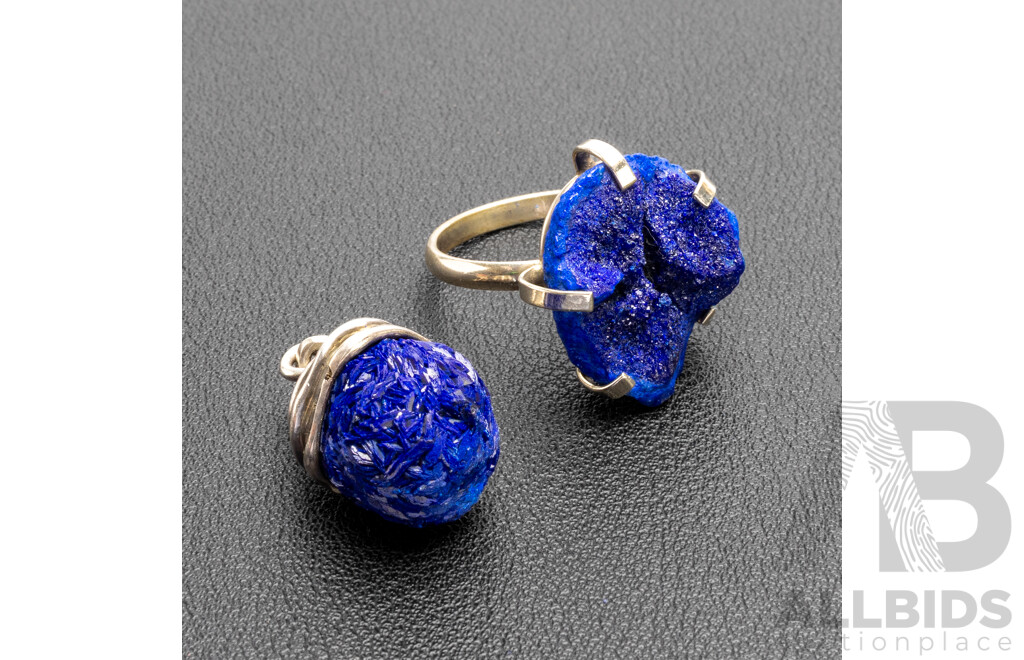 925 Silver Pendant and Silver Plated Base Metal Ring with Blue Druzy Quartz - Lot of 2