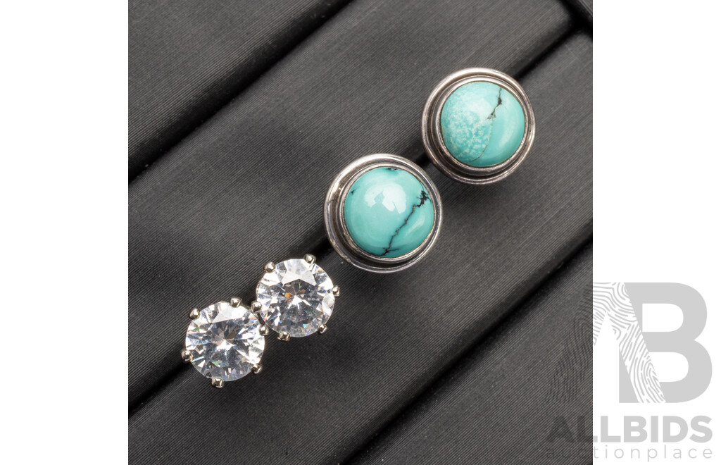925 Sterling Silver Turquoise Stud Earrings and Silver Plated Base Metal CZ Stud Earrings - Lot of 2