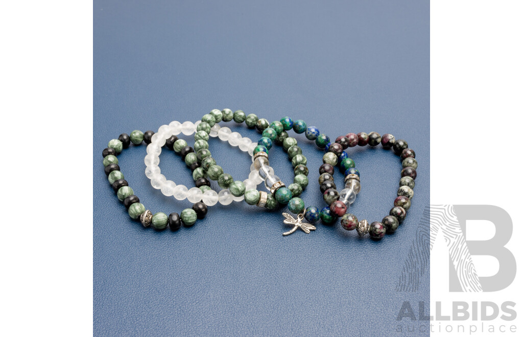 Stretch Beaded Bracelets with Natural Chrysocolla, Serpentine, Onyx, Rubizoisite, Quartz - Lot of 5