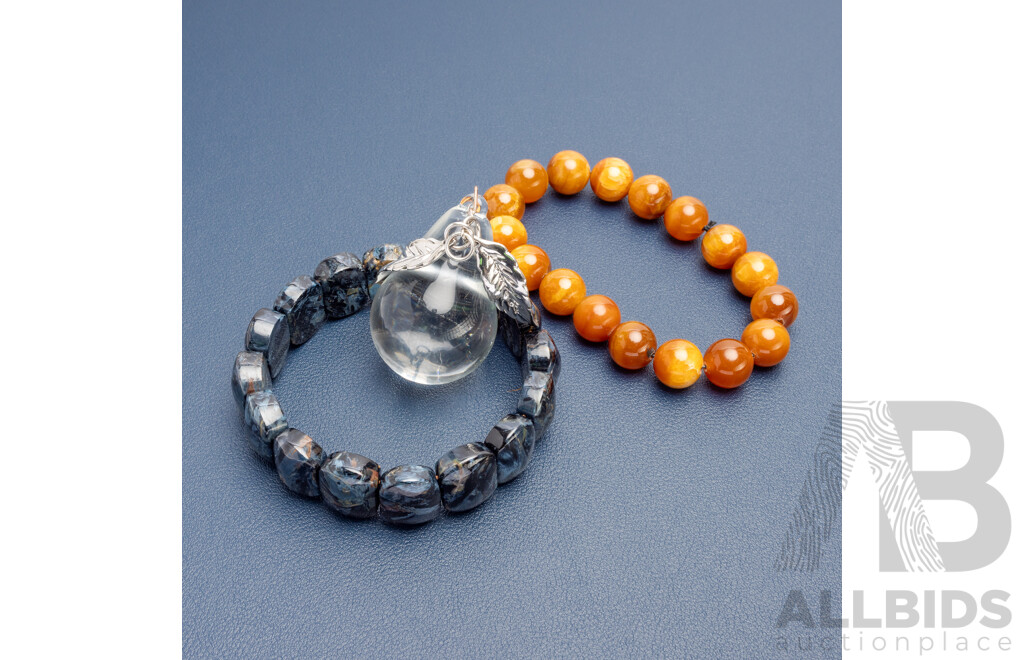 Stretch Beaded Bracelets with Natural Black Obsidian, Tigers Eye. Crystal Pear Decoration - Lot of 3