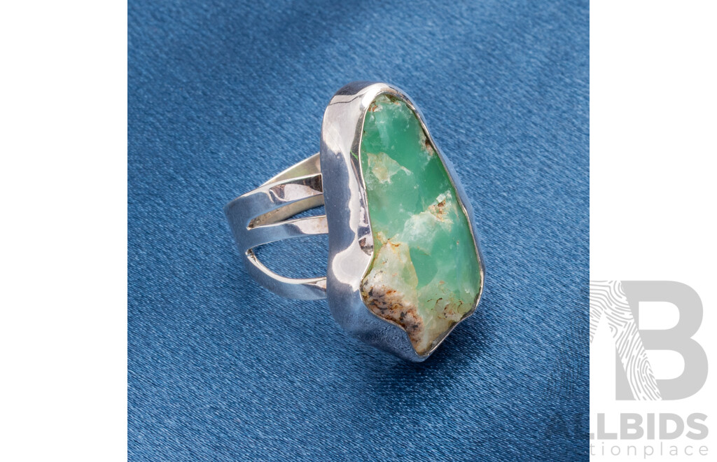 925 Sterling Silver Semi Cut Moss Agate Ring - Size R.5