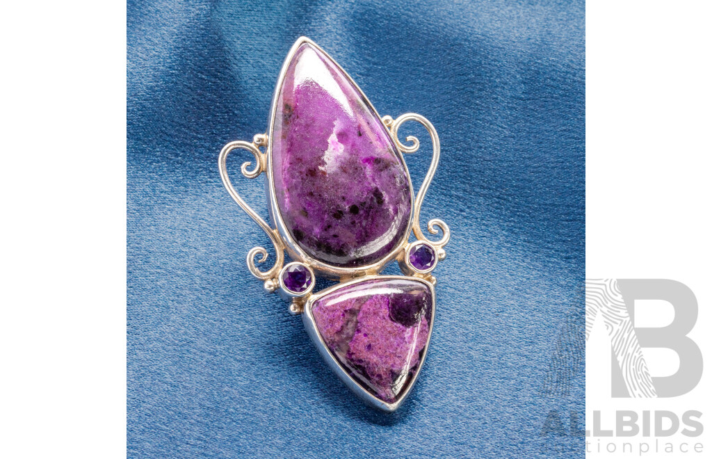 925 Sterling Silver Brooch/ Pendant with Charoites and Amethysts