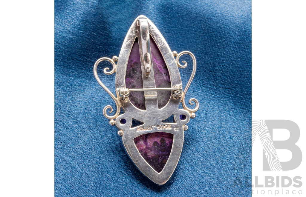 925 Sterling Silver Brooch/ Pendant with Charoites and Amethysts