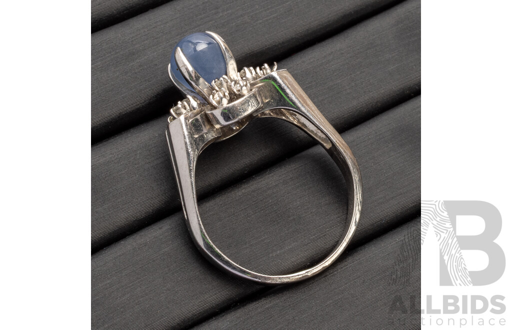 9ct White Gold Ring with Cabochon Pale Blue Topaz and Old Cut Diamonds - Size T.5