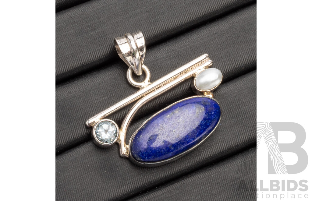 925 Sterling Silver Pendant with Lapis Lazuli, Topaz and Mabe Pearl