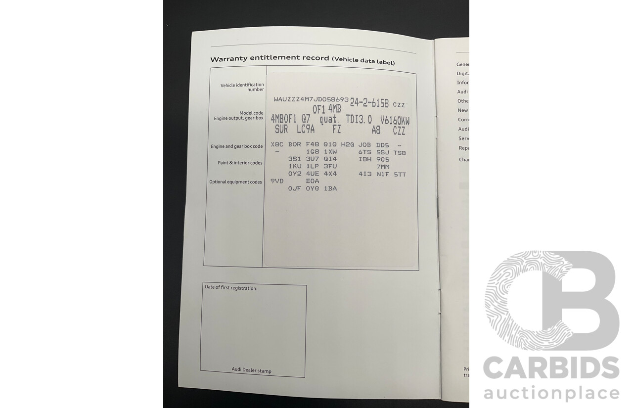 08/2018 Audi Q7 3.0 TDI Quattro (160kW AWD) 4M MY18 4d Wagon Carrara White Turbo Diesel V6 3.0L - 7 Seater