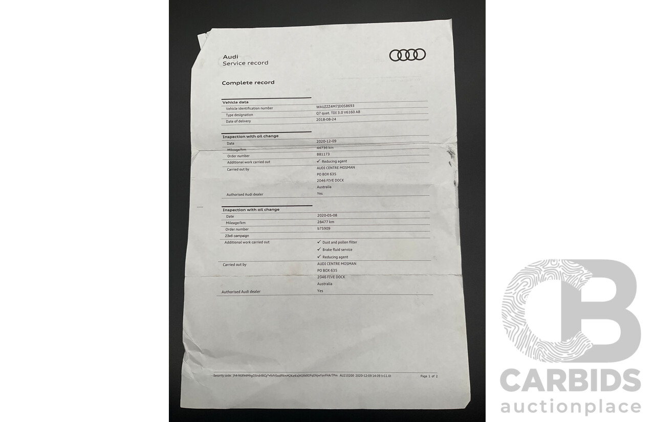 08/2018 Audi Q7 3.0 TDI Quattro (160kW AWD) 4M MY18 4d Wagon Carrara White Turbo Diesel V6 3.0L - 7 Seater