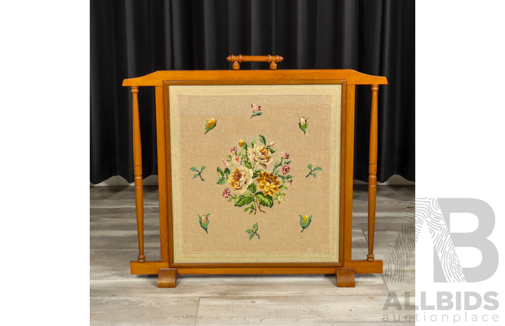 Vintage Oak Tapestry Fire Screen