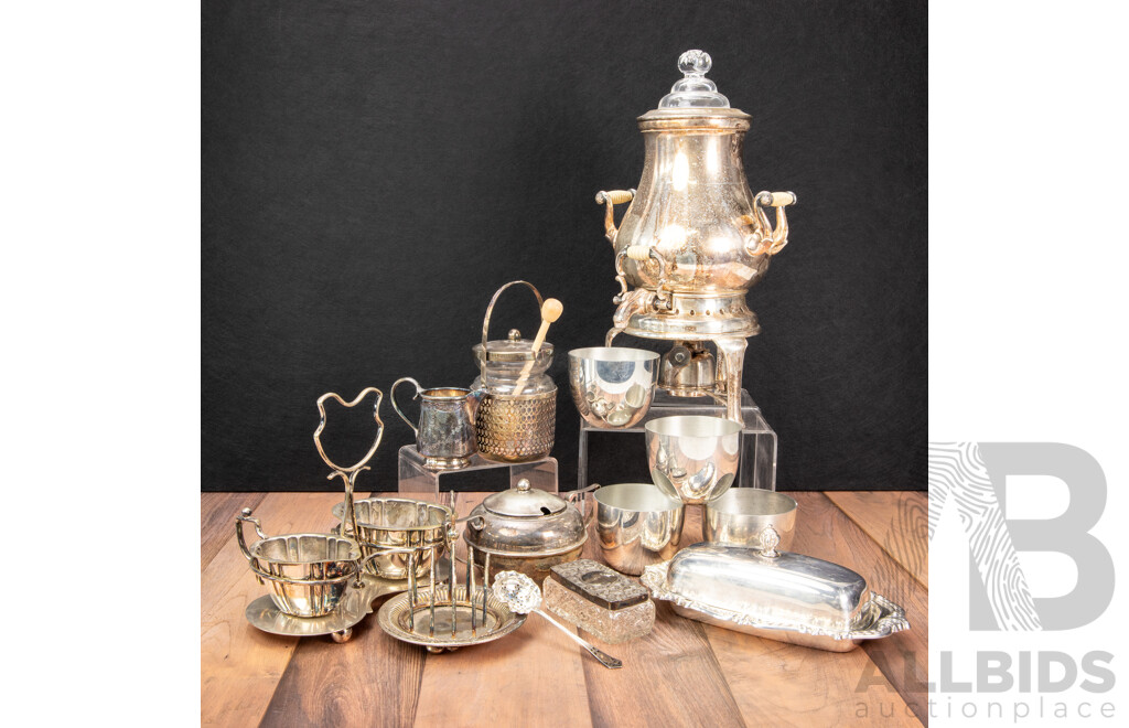 Nine Piece Collection of Mixed Silver Plated, Pewter & Glass Tableware Including Samovar, Sheridan Butter Dish & Jefferson Cups