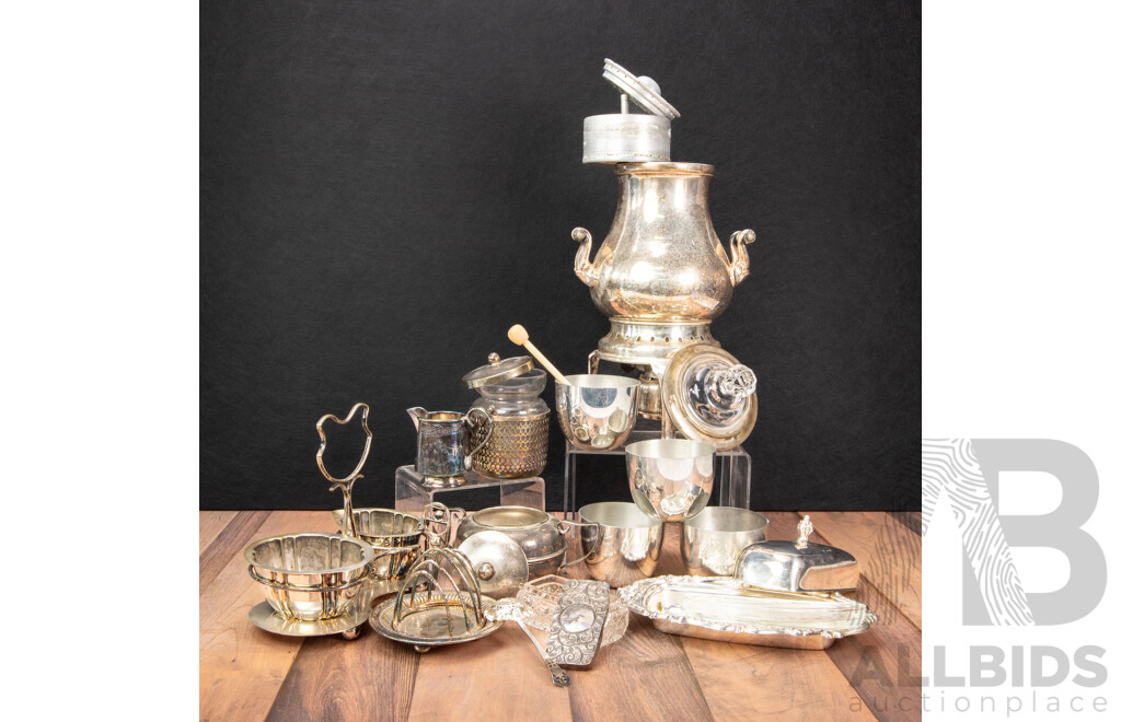 Nine Piece Collection of Mixed Silver Plated, Pewter & Glass Tableware Including Samovar, Sheridan Butter Dish & Jefferson Cups