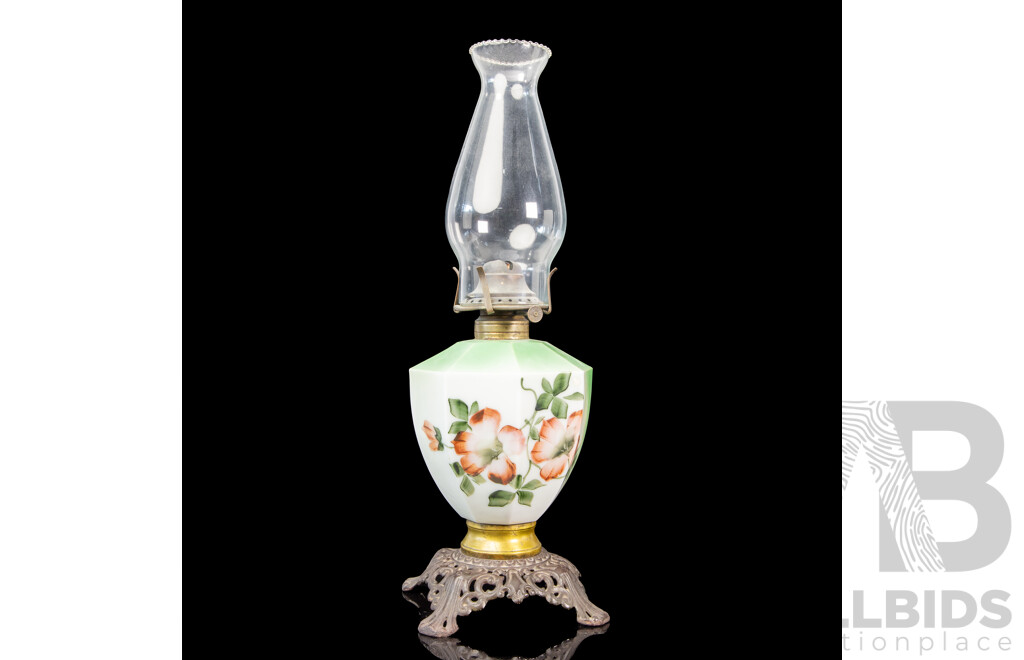 Antique Oil Lamp with Pink Floral Design
