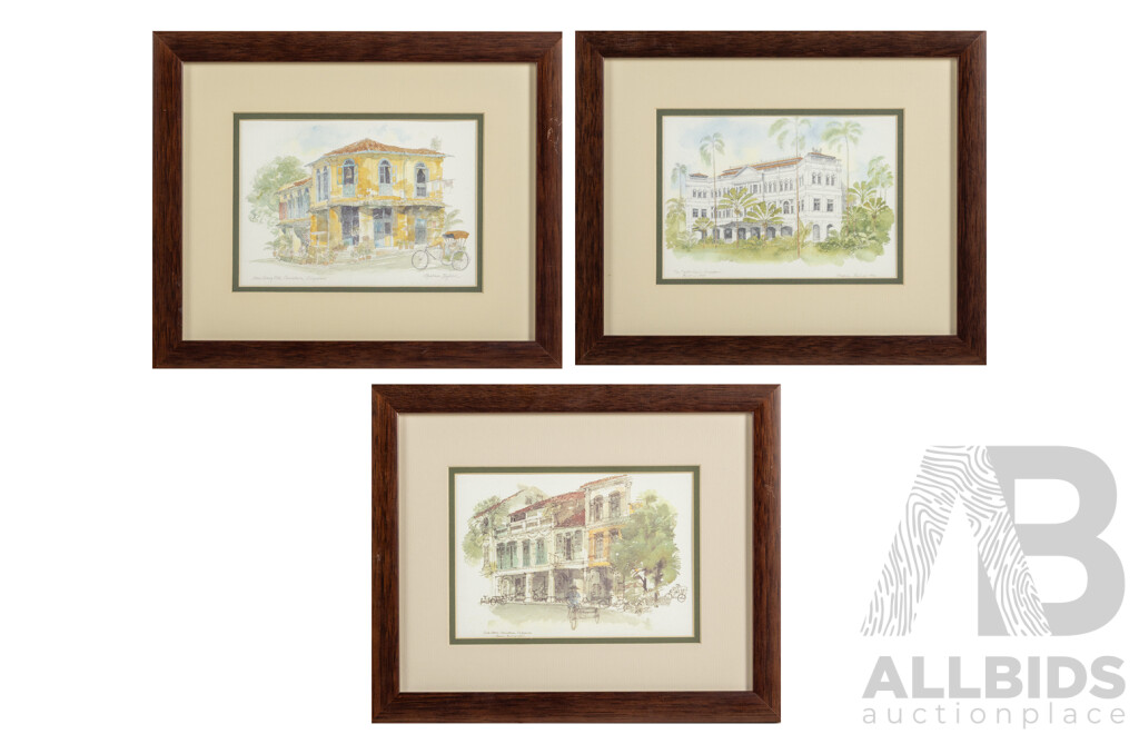 Graham Byfield, (20th Century, British), Club Street Chinatown, Ann Siang Hill & The Raffles Hotel, Singapore, Lovely Trio of Framed Colour Prints After Original Watercolours, 24 x 29 cm (frames) (3)